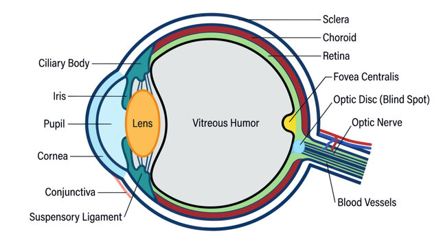 Detailed anatomy of the human eye with internal structure labels