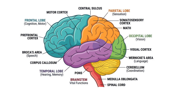 Human brain anatomy diagram showing regions and functions