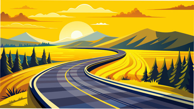 Winding road through golden landscape at sunset