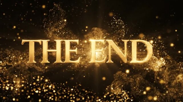 Golden text the end with shining light and particles