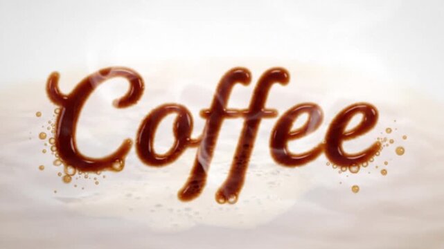 Brown liquid droplets falling into a puddle created coffee text, isolated on white background 