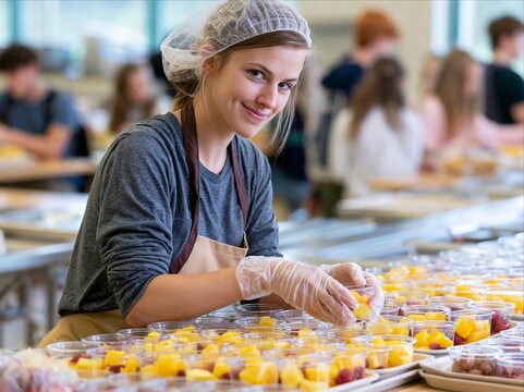Cafeteria staff member arranging fresh vegetables for healthy school meals