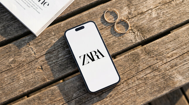 Smartphone with Zara fashion app logo on screen lying on a rustic wooden park bench next to gold hoop earrings and an open magazine. Online shopping, retail store, and mobile commerce mockup view.
