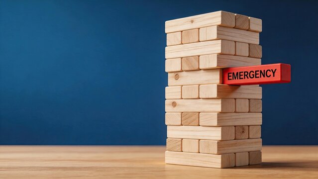Red block labeled emergency pulled from wooden tower stack symbolizing financial crisis risk management and savings fund concept