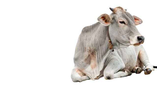 Full length profile view of domestic grey zebu cow isolated on transparent background