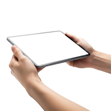 Hands holding a modern digital tablet with a blue border and white screen