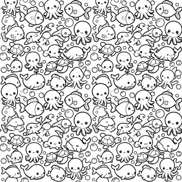 Kawaii sea creatures pattern with fish octopus and turtles on white background