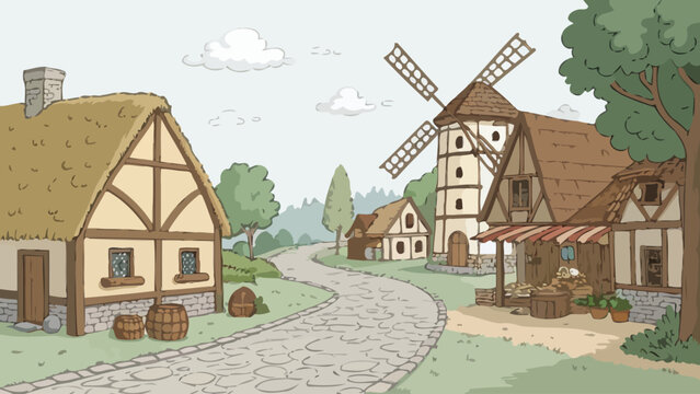 Rustic medieval village scene with thatched roof cottages cobblestone road and traditional windmill medieval windmill cobblestone landscape traditional lifestyle architecture building