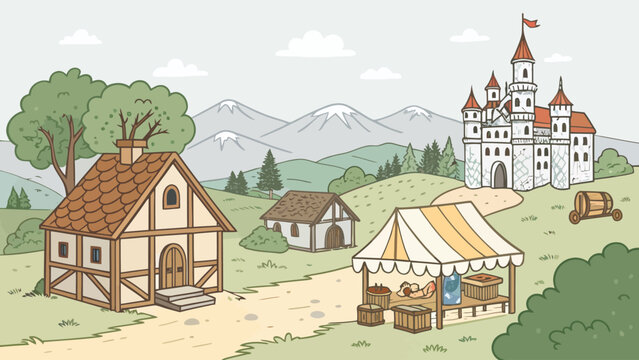 Fantasy medieval village landscape with timber framed houses marketplace tent and large stone castle medieval landscape architecture mountains heritage settlement storybook illustration