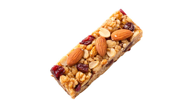 Healthy organic grain granola bar with almonds and raisins isolated on transparent background
