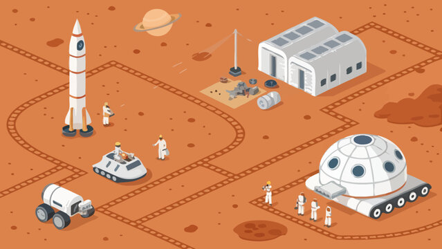 Isometric mars colony base with rocket launch pad and habitation domes exploration settlement isometric habitation research astronomy extraterrestrial technology landscape laboratory