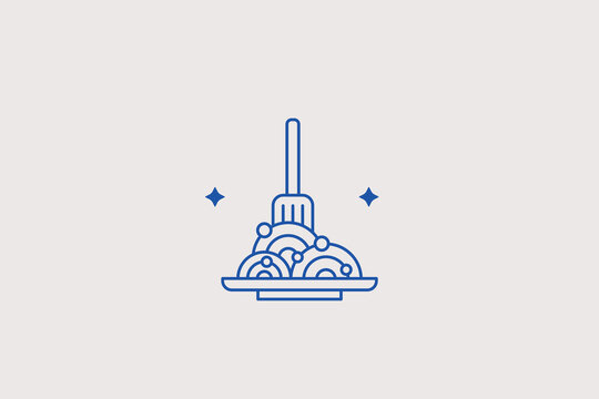 Italian spaghetti pasta on fork top view line icon for Mediterranean restaurant dinner menu, culinary blog recipe layout banner. Classic vector illustration for delicious food retail.
