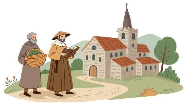 Friars discussing religious scripture near medieval church building with medieval religion historical monastery lifestyle christianity spirituality tradition devotion learning clergyman