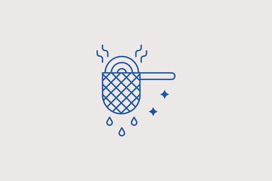 Stainless steel mesh noodle strainer colander with steam line icon for professional restaurant kitchen cooking workflow, pasta boiling equipment. Clean vector illustration for culinary tech.
