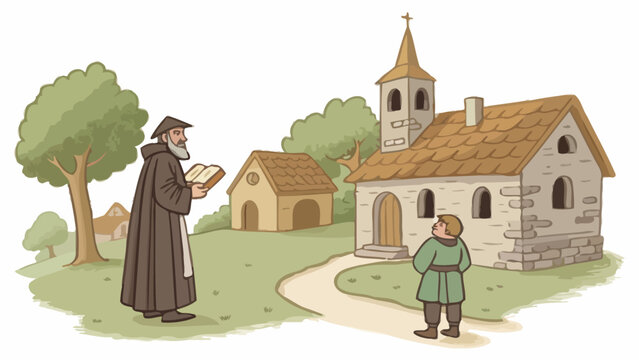 Monk reading book to student outside stone medieval church with medieval religion historical monastery teaching education lifestyle christianity spirituality tradition devotion learning