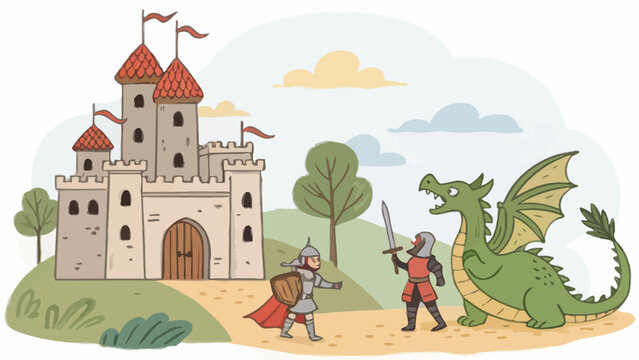 Cartoon illustration of a brave knight approaching a large green dragon in front of a medieval stone castle with medieval adventure fairytale mythical creature fortress illustration mystical