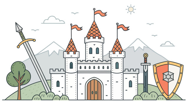 Medieval castle with sword and shield emblems on landscape background medieval fortress landscape heraldry mountain illustration architecture fairytale adventure battlefield stronghold