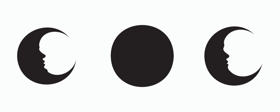 Stylized moon phase silhouettes featuring crescent and full moon shapes with human face profiles, isolated on a white background. Perfect for celestial, astrology, mystical, and decorative design .
