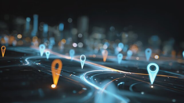 Digital map markers highlighting city navigation.