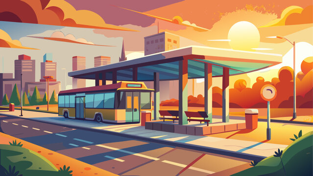 A bus stop with a bus and benches at sunset