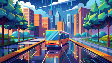 Cartoon city street with bus during rainy day © Devili