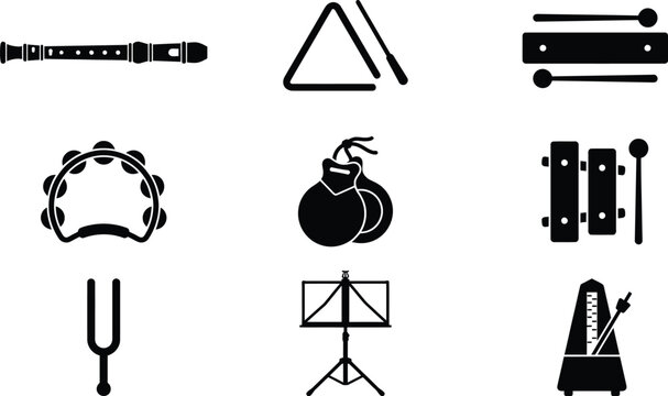 A collection of black vector icons representing various musical instruments and equipment featuring a flute triangle xylophone tambourine castanets tuning fork music stand and metronome