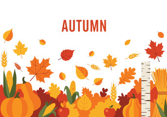 Colorful autumn-themed illustration with falling leaves and harvest elements © Jinbe