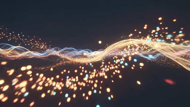 Abstract motion of colorful light trails and particles flowing dynamically through a dark space, creating a mesmerizing visual experience of movement and energy