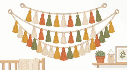 Bohemian style wall hanging with tassels and potted succulent plant, interior © ayesha umar