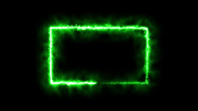 Glowing green neon rectangular frame with electric energy border effect on black background abstract