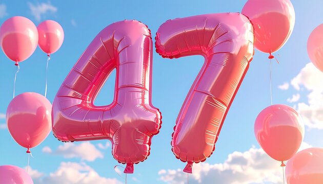 Pink balloons shaped like number 47 float in blue sky with clouds