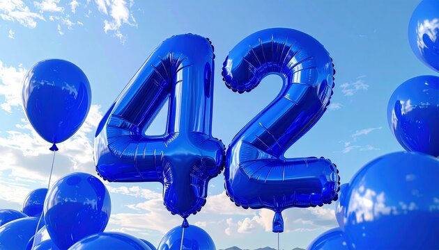 Blue balloons shaped like the number 42 float in a sunny sky with white clouds