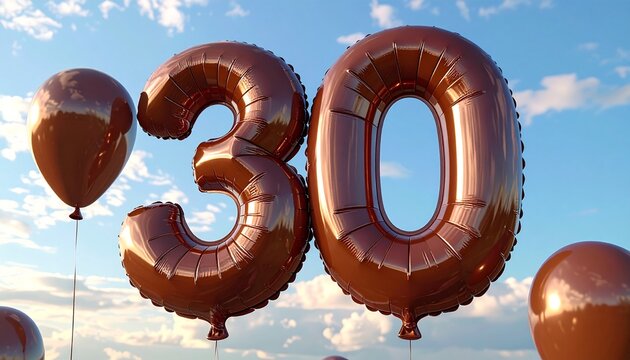 Large copper balloons shaped like the number 30 float in a blue sky with scattered clouds