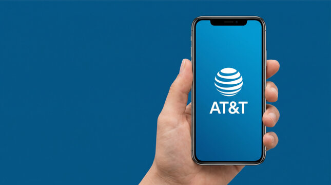 Male hand holding a modern smartphone with the AT&T logo displayed on the screen against a solid blue background. Mobile telecommunications network provider app interface mockup and branding.