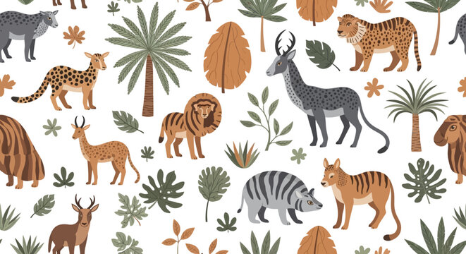 Seamless pattern with safari animals and tropical jungle plants