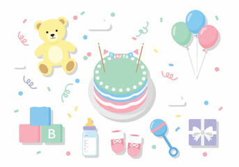 Colorful baby shower celebration with cake and gifts © Jinbe
