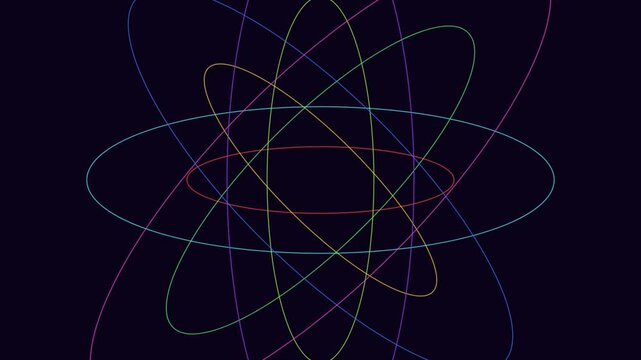 Abstract neon orbiting rings motion background, colorful geometric science animation