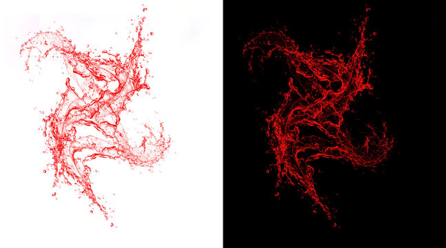 Dynamic red liquid splash on white and black backgrounds, abstract water burst with droplets, vibrant crimson fluid motion for beverage advertising