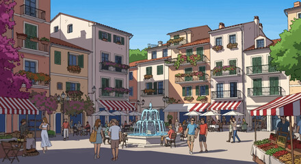 Sunny Mediterranean town square with fountain and outdoor cafes © bolang