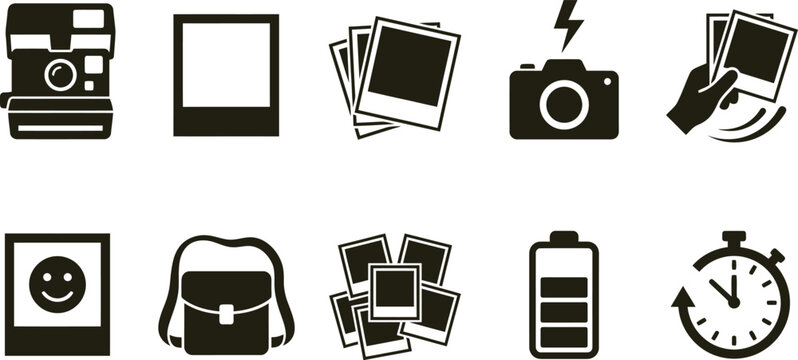 Instant photography polaroid flat templates displaying classic instant camera square film frame developed photos flash hand fanning smile bag