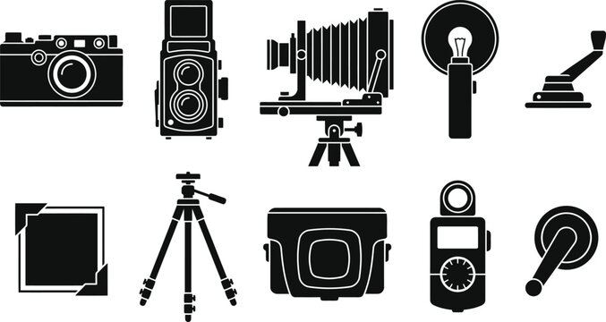Nostalgic vintage camera gear vector blueprints containing classic rangefinder tlr wooden view camera bellows bulb flash manual advance lever