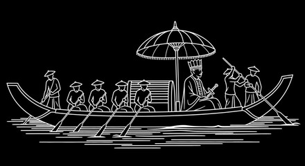 Traditional Asian boat with rowers and royal figure line art © bolang