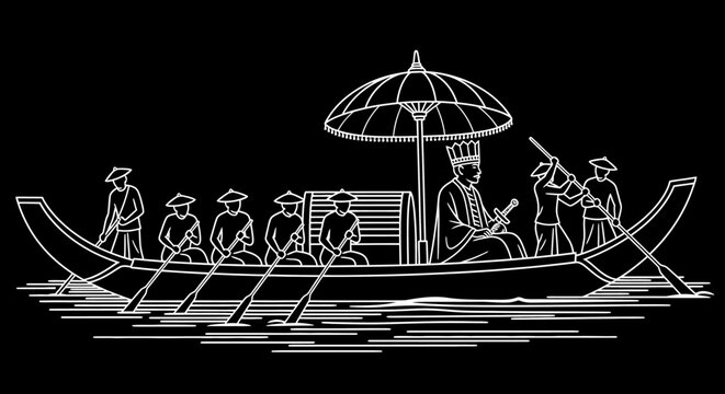 Traditional Asian boat with rowers and royal figure line art