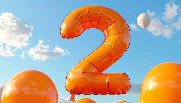Large orange number two balloon floats among shiny orange spheres under blue sky