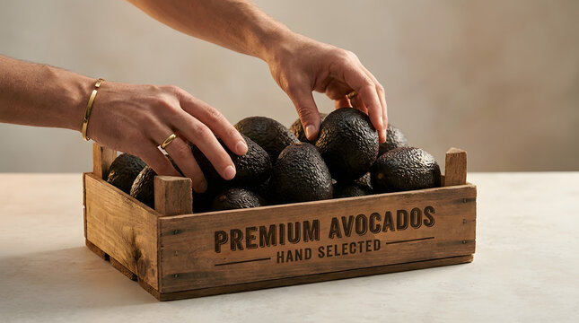 Person hands selecting fresh ripe premium avocados from a wooden crate.