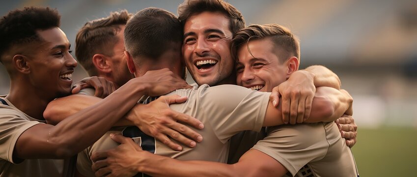 Happy sports team celebrating a win with a group hug on the field
