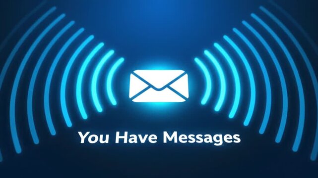 Digital notification for new messages. An envelope icon with glowing blue concentric circles indicates an incoming message alert. Technology and communication concept.