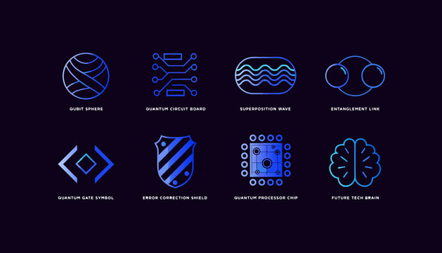 Quantum computing icons set with qubit circuit wave