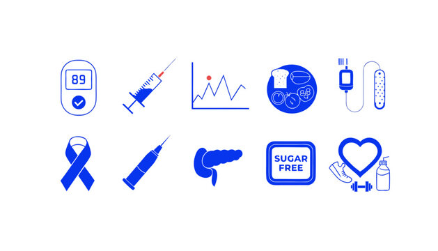 Diabetes care icons set glucose meter insulin syringe healthy food sugar free fitness
