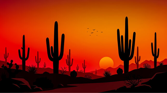 Saguaro Cactus Desert Silhouette at Blazing Red Sunset Landscape